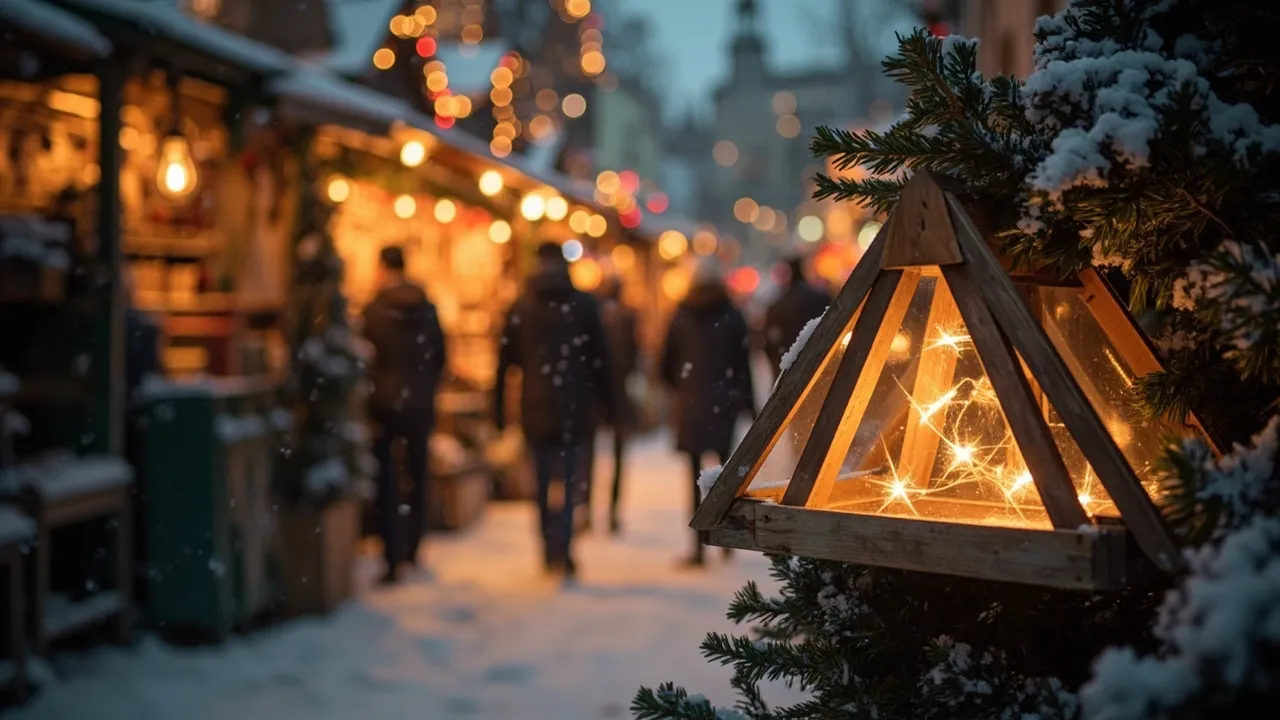 Verschneiter Weihnachtsmarkt-Platz in der Abenddämmerung mit leuchtender Holzpyramide