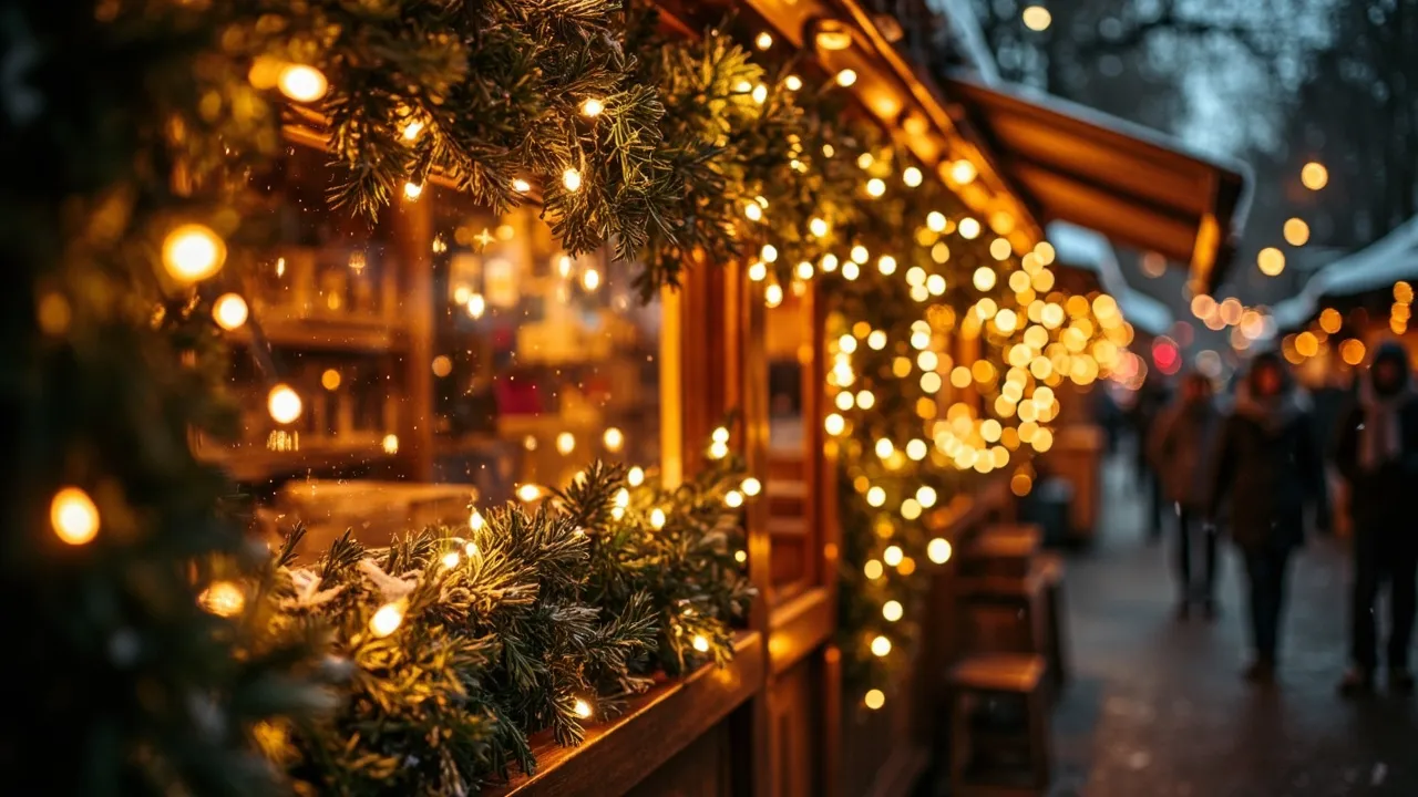 Weihnachtsmarkt-Bude mit Lichterketten und dampfendem Glühwein im warmen Abendlicht