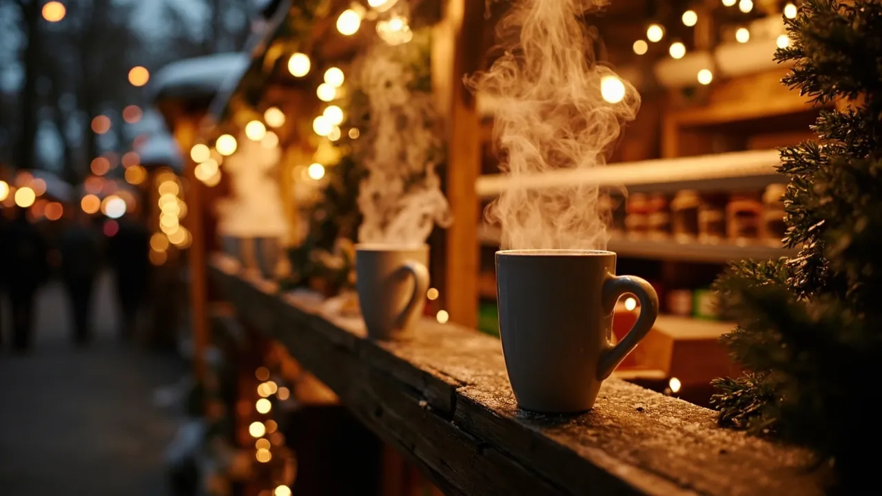Reihe gemütlicher Weihnachtsmarkt-Buden mit dampfenden Tassen und warmen Lichtern