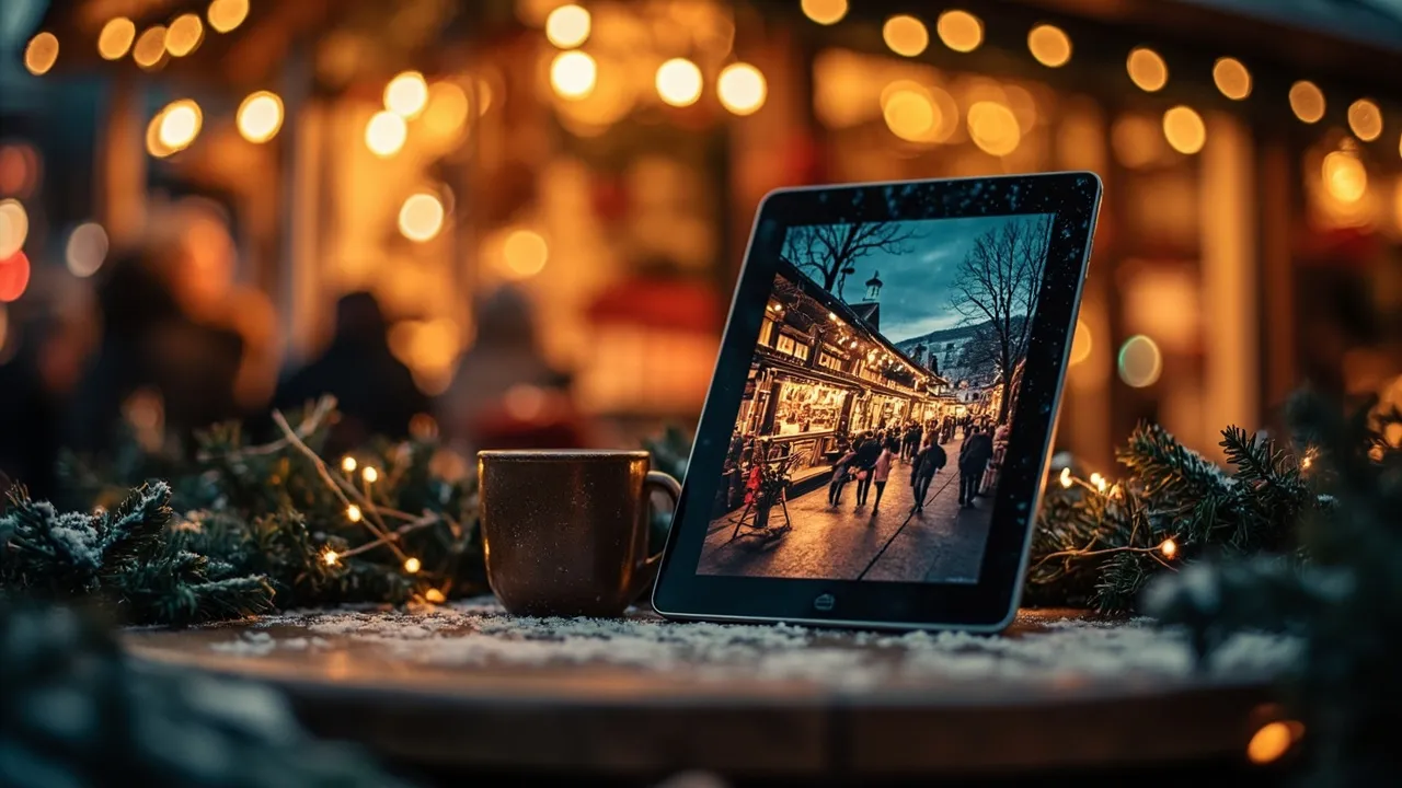 Symbolbild: ein Tablet auf einem Holztisch zeigt eine warme Weihnachtsmarkt-Website mit Programmübersicht, daneben dampft eine Tasse Glühwein